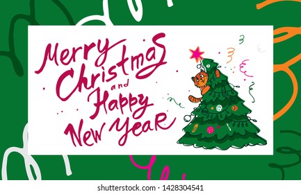 Cat on a Christmas tree trying to drop her new year and Christmas cute cartoon vector illustration with words Merry Christmas and Happy New Year for postcards calendars and posters