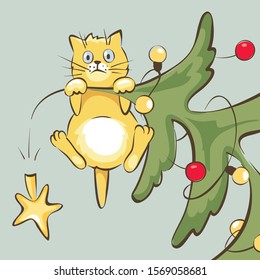 Cat on the christmas tree / Vector illustration, funny cat climbed onto the top and hung