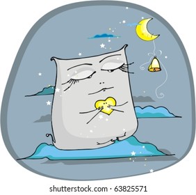 cat on a cloud sits holds a heart and looks at the moon on which the hand bell which is adhered gives beautiful dreams to the whole world