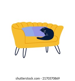 Cat on comfy sofa chair. Cartoon domestic pet animal on cozy couch armchair. Sleeping cute cat drawing. Vector art