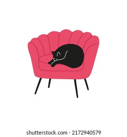 Cat on the comfy sofa. Cat sleeps on cozy couch, happy sleeping pet, domestic animal drawing. Vector modern abstract art
