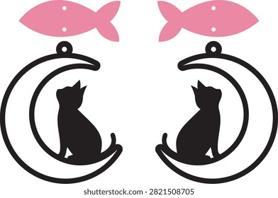 Cat on Crescent Moon Earrings with Fish Accent for Cute Celestial Jewelry and Cat Lover Gifts