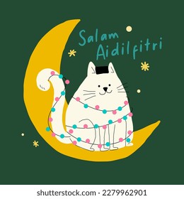 cat on crescent moon hari raya greetings design template with malay words that mean 'blessed aidilfitri'