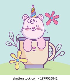 cat on cup with flowers cartoon