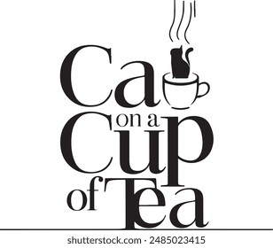 cat on cup tee black and white illustration vector