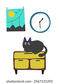 Cat on the dresser. Clock. Painting. Home interior concept. Handdrawing