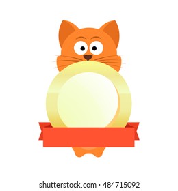 Cat on Emblem with Copy Space and Ribbon, Vector Illustration isolated on white