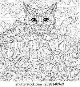 Un gato en una cerca cerca de girasoles. Libro para colorear antiestrés para niños y adultos. Ilustración aislada sobre fondo blanco. Estilo de enredo zen. Dibujo a mano