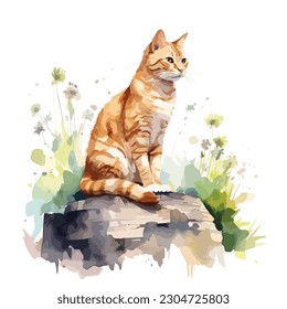 Cat on floral watercolor background vector 