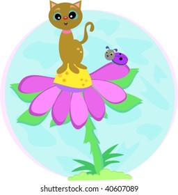 Cat on Flower with Lady Bug Vector