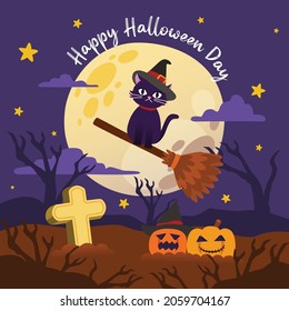 Cat On Flying Broom In Fullmoon Night Of Halloween Day At Graveyard, Vector, Illustration