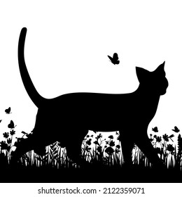 Cat On Grass Black Silhouette Isolated Stock Vector (Royalty Free ...