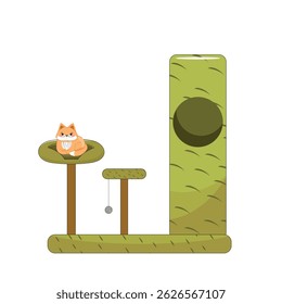 Cat on green climbing tree with perch, scratching post, ball toy, modern pet furniture, isolated on white