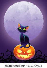 Cat on Halloween pumpkin against full moon. Vector illustration. The Halloween greeting concept.