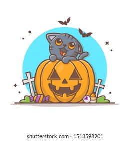 Cat On Halloween Pumpkin Vector Icon Illustration. Cat And Pumpkin, Candy, Happy Halloween Icon Concept White Isolated. Flat Cartoon Style Suitable for Web Landing Page, Banner, Sticker, Background