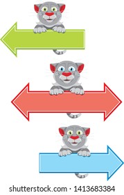 The cat on the index arrow. Set of vector illustrations in three colors