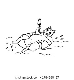 A cat on an inflatable circle floats in the water with a glass of juice on a white background.Vector illustration of a resting animal.