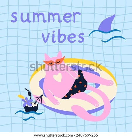 Cat on inflatable donuts in the pool with coconut cocktail. Summer cartoon illustration for poster, card, background, discount flyer. 