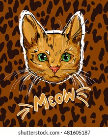 Cat on leopard print background, trendy leopard print textile background and cat, stylish print vector, cat vector illustration, vector wildlife, silhouette of a cat's head, meow, cat green eyes