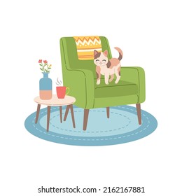 Cat on modern chair flat design vector illustration