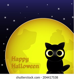 cat on the moon background, card, happy halloween