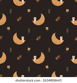 Cat on the moon cartoon so cute. On flower meteor background. Pattern seamless vector illustration. 