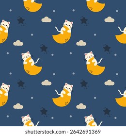 Cat on the moon cartoon so cute. On star cloud blue background. Pattern seamless vector illustration. 