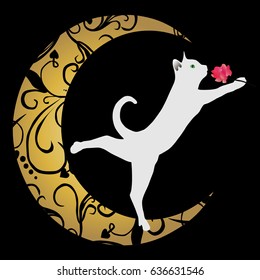 cat on the moon with a flower in hand