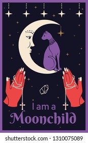 Cat on the Moon. Praying hands holding a rosary. I am a Moonchild text. Can use for t-shirt, textiles and print design. Vector illustration.