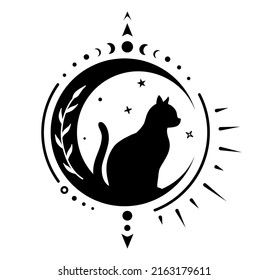 Cat on moon silhouette, celestial magic sign. Crescent moon witchy design.