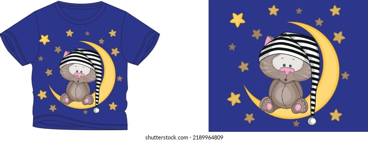cat on moon and star t-shirt design background color is a blue and t-shirt color is a blue beautiful color and beautiful design