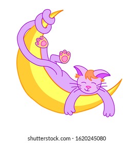 Cat on the moon on a white background vector illustration.Cartoon style, suitable for decorating children's bedrooms, printing on pajamas and clothes, postcards, notebooks, stickers, dishes, gifts.