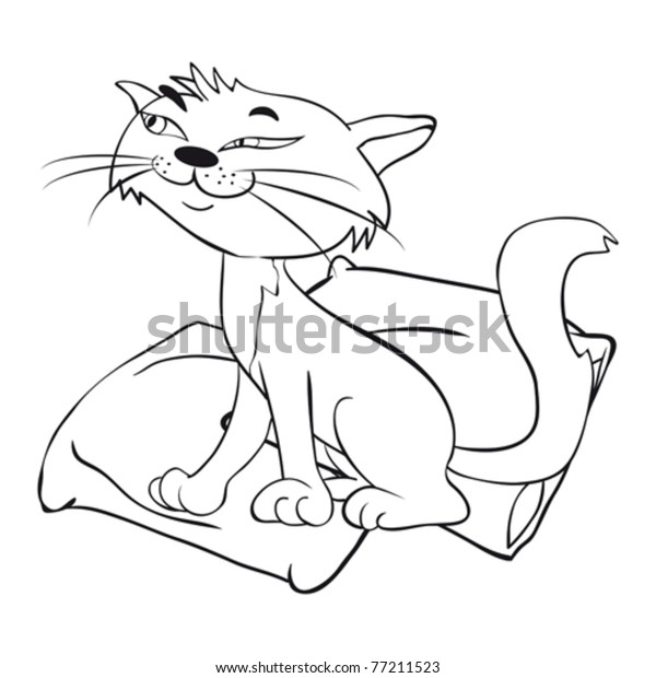 Cat On Pillow Black White Outline Animals Wildlife