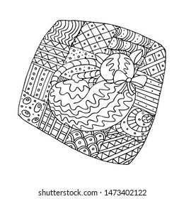 Cat on the pillow. Doodle coloring page. Vector illustration.