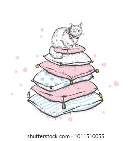 A cat on pillows with hearts. Valentine's Day, love and friendship. Illustration for a postcard or a poster.