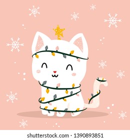 Cat on a pink background. Snowflakes. Christmas cute postcard. Postcard with a cat. Cat in garlands smiles