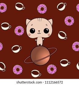 Cat on the planet. Coffee and Donuts