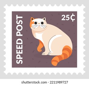 Cat On Postmark Or Postcard, Isolated Feline Animal. Speed Mail And Correspondence, Mailing And Delivery For People. Cute Post Mark Or Card, Stamp For Letter With Price. Vector In Flat Style