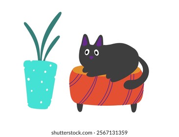 Cat on a pouf.Flower pot. Painting. Home interior concept. Hand Drawing