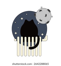 Cat on the radiator of heating. Funny art with black cat on radiator moon stars. Night dreaming. Cosmic vector illustration ideal kids t-shirt print room wall decor copybook cover print. EPS 10