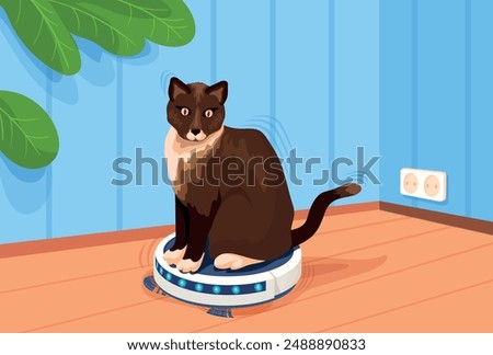 Cat on robot cleaner. Funny cute pet at vacuum cleaners domestic smart home technology, automatic household appliance kitten robotic machine clean floor, neat vector illustration authors graphics