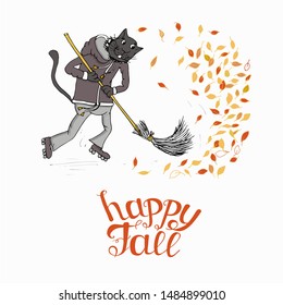 Cat on roller skate sweeps red and yellow autumn leaves. Happy fall lettering postcard on white background hand drawn art design element stock vector illustration for web, for print