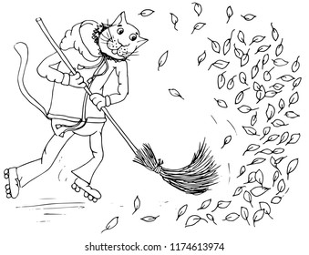 Cat on roller to sweep broom in street fall autumn leaves hand drawn graphic design element stock vector illustration for web, for print