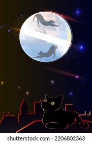 The cat on the roof and the moon. Vector illustration