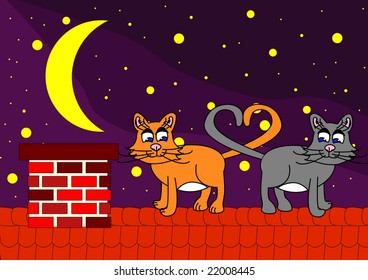 cat on roof in night under stars - vector version