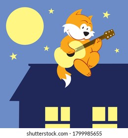 Cat on the roof playing guitar in cartoon style