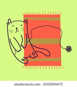 Cat on the rug. Linear doodle illustration