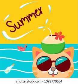 Cat on the sea in the summer and refreshing coconut water on the head helps to cool off, fumingo and floating sea floats,background,wallpapers,vector,illustration