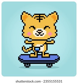 Cat on Skate board in 8 bit pixel art. transport object for game assets in vector illustration.