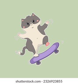 Cat on a skateboard. Fun cartoon sports kitten and skateboard. Sticker, print. Vector illustration. Isolated background.	